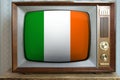 old tube vintage TV with flag Ireland on screen, stylish 60s interior, eternal values Ã¢â¬â¹Ã¢â¬â¹on television, global world